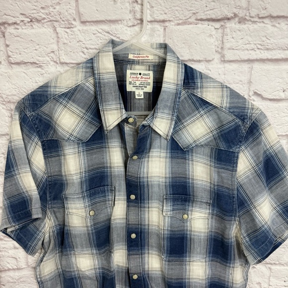 LUCKY BRAND MENS CALIFORNIA FIT INDIGO WESTERN PLAID PEARL SNAPS SHIRT LARGE - Picture 2 of 8